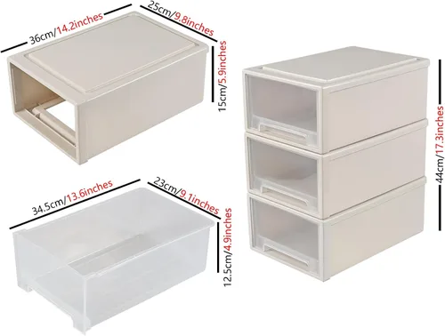 Vista 3 de Gloreen Cajones de almacenamiento apilables de plástico de 12 L, 3 paquetes de caja de cajón compacta de escritorio Beige