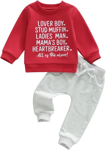 Vista 10 de Conjunto de sudadera con estampado de letras para el día de San Valentín para bebé, niño, niña, ropa de primavera 1 Rojo Gris