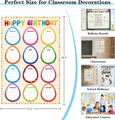 Vista 5 de WhatSign Tabla de feliz cumpleaños – Calendario de aula laminado reutilizable para decoración de tablones de anuncios