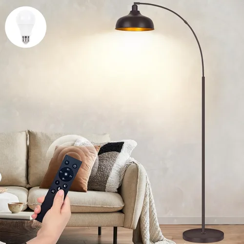 Vista 8 de Lámparas de pie doradas para sala de estar - Lámparas de pie de arco con bombilla de 9W, pantalla de metal ajustable 360°, lámpara de pie regulable