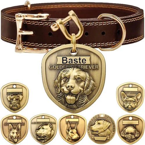 Vista 8 de Collar de cuero auténtico para perro + Juego de etiqueta para perro bulldog con relieve 3D (XS-S)