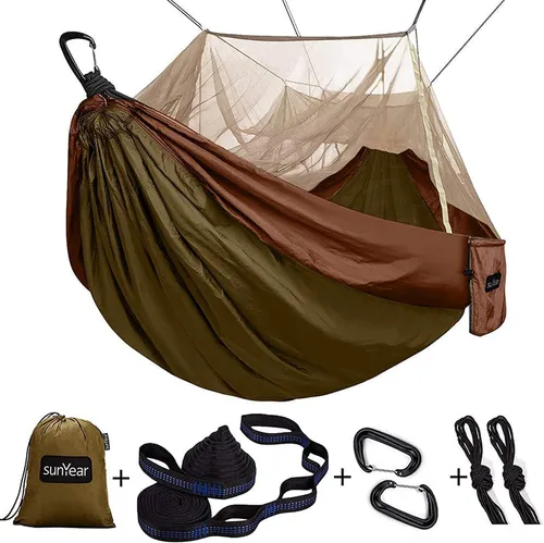 Vista 15 de Sunyear Hamaca de Camping, Hamaca Portátil Individual y Doble con Red, Tienda de Hamaca para 2 Personas con 2 Correas de 3 metros, Ideal para A