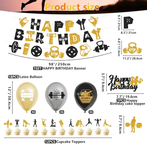 Vista 2 de KEFAN Decoraciones de fiesta de cumpleaños de gimnasio, suministros de fiesta temática de fitness negro y dorado con globos de látex, decoración