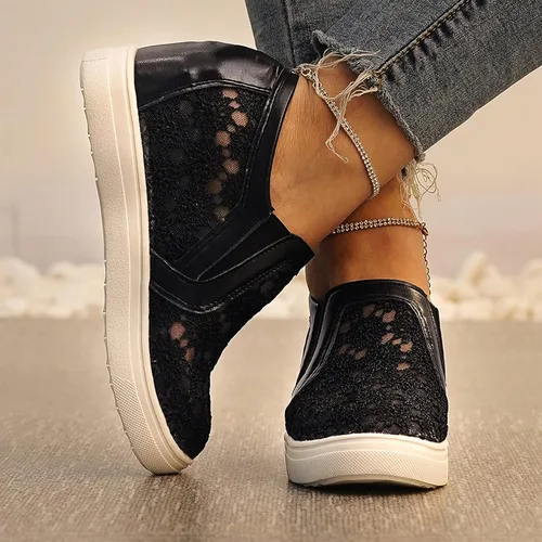 Vista 2 de Hbeylia Zapatos deportivos de plataforma para mujer, de malla de encaje, con cuña oculta, diseño floral, sin cordones, con fondo grueso, zapatos
