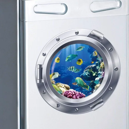 Vista 4 de DNVEN Calcomanías de pared de ojo de buey tropical, mar azul profundo bajo el mar, calcomanías decorativas para despegar y pegar, murales