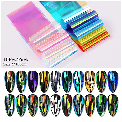 Vista 2 de 10 rollos de papel de vidrio Aurora degradado para arte de uñas, 3D, holográfico, de cristal, efecto de fragmento, efecto de fragmento de espejo