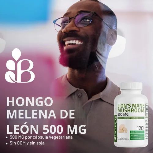 Vista 3 de Bronson Hongos melena de león 500 mg Hericium Erinaceus sin OMG, 60 cápsulas vegetarianas