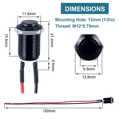 Vista 3 de 5 piezas 12 mm Interruptor de botón de cierre con cabeza elevada ON-Off normalmente abierto con cable presoldado, carcasa de aleación de aluminio