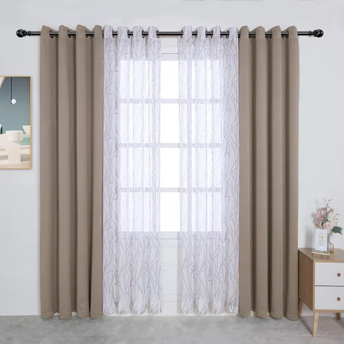 Vista 18 de BONZER Cortinas para Mezclar y Combinar - 2 Piezas de Cortinas Transparentes con Estampado de Ramas y 2 Piezas de Cortinas Opacas para Dormitorio
