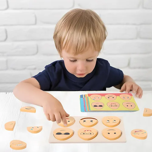 Vista 2 de Juguetes Montessori para niños de 1, 2, 3 años, juguetes de madera para clasificar expresiones faciales para niños pequeños, juego de bloques