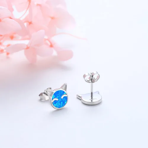 Vista 6 de YZSFMZGE Blue White Opal Cat Stud Earrings Necklace, 925 Sterling Silver Cat Opal Stud Earrings Necklace for Women Cute Cat Jewelry for Girls