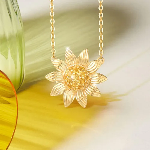 Vista 5 de FANCIME Collar de oro amarillo sólido de 14 quilates con dije de girasol con piedra natal de noviembre auténtico, joyería fina, aniversario, regalos