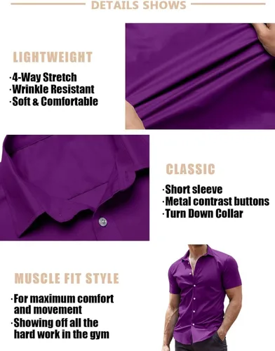 Vista 5 de COOFANDY Camisas de vestir para hombre, sin arrugas, manga corta, casual, con botones