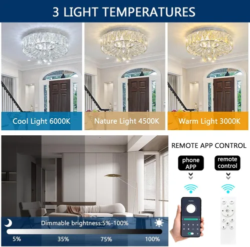 Vista 3 de Mini Candelabro Moderno Candelabros de Cristal para Pasillo Lámpara LED de Montaje al Ras del Techo Luz Regulable para Comedor Sala de Estar