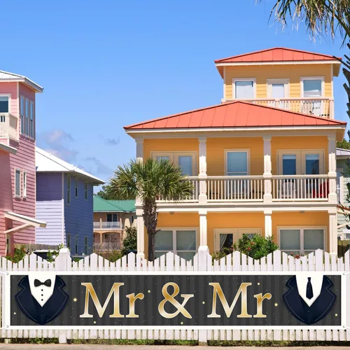 Vista 4 de INNORU Cartel grande con texto en inglés "Mr & Sr", letrero de fondo para fiesta de boda gay, cartel de jardín para hombre, despedida de soltera