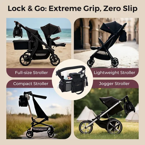 Vista 7 de Momcozy Organizador de Cochecito Extra Grande Max con Bolsa de Chupete de Grado Alimentario 2 Portavasos Aislados Correas Antideslizantes