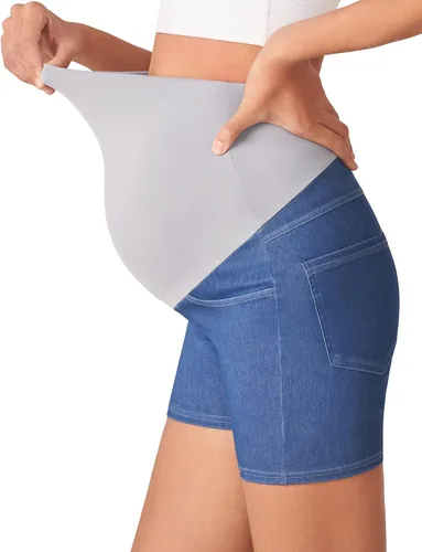 Vista 4 de POSHDIVAH Pantalones cortos de mezclilla de maternidad para mujer sobre el vientre, elásticos, cómodos, suaves, con bolsillos