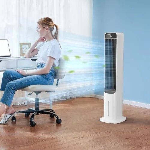 Vista 9 de Enfriador de aire evaporativo portátil, ventilador de torre de enfriamiento de pantano 2 en 1 con control remoto, 4 paquetes de hielo, oscilación