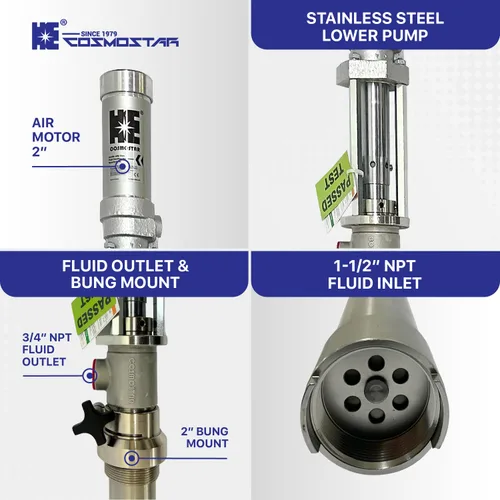 Vista 4 de COSMOSTAR Bomba de pistón neumática 1:1 para bombas de transferencia química de aceite de embalaje de teflón de tambor de 55 galones