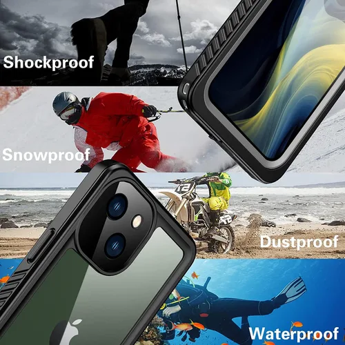 Vista 7 de Funda impermeable IP68 para iPhone 13 Mini, color negro y transparente