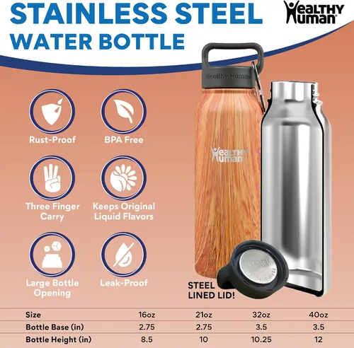 Vista 3 de Botella de agua saludable y humana, sin BPA, para deportes, viajes, de acero inoxidable, aislada