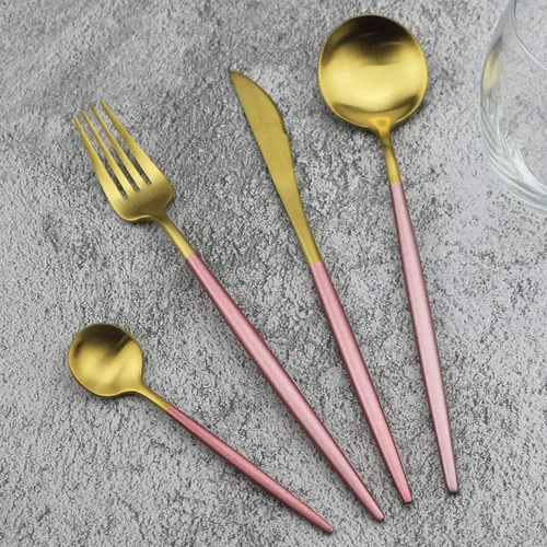 Vista 10 de Juego de cubiertos de oro mate, 5 piezas de acero inoxidable 18/10 con acabado satinado, servicio para 1, cuchara tenedor de cuchillo con pajitas
