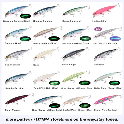 Vista 2 de LITTMA Señuelos de pesca de surf de California Señuelos de pesca de agua salada Jerkbait Crankbait Surf Minnow 110 - Sardina metálica Super Glow