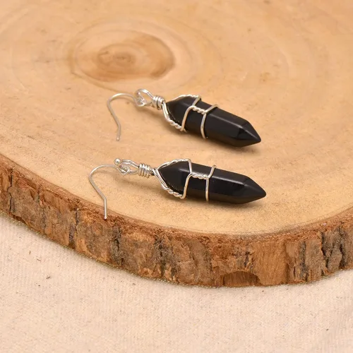 Vista 24 de Pendientes de cristal de punta envuelta en alambre de piedra pulida para mujer Reiki Energy Healing