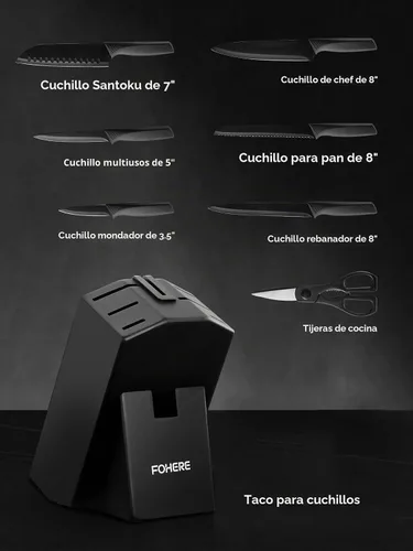 Vista 2 de FOHERE - Juego de cuchillos de cocina de 8 piezas con bloque de acero inoxidable de alto carbono, juego de bloques de cuchillos autoafilables