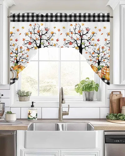 Vista 12 de Pumpkins Thanksgiving Kitchen Curtains Swag Valance and Tier Curtains Set 24 Inch Length, Fall Watercolor Botanical Leaves Retro Rod Pocket Drape