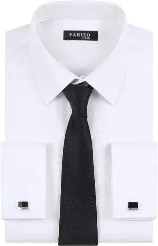 Vista 3 de FAHIZO Camisa de esmoquin blanca para hombre con cuello de ala, puños franceses y accesorios