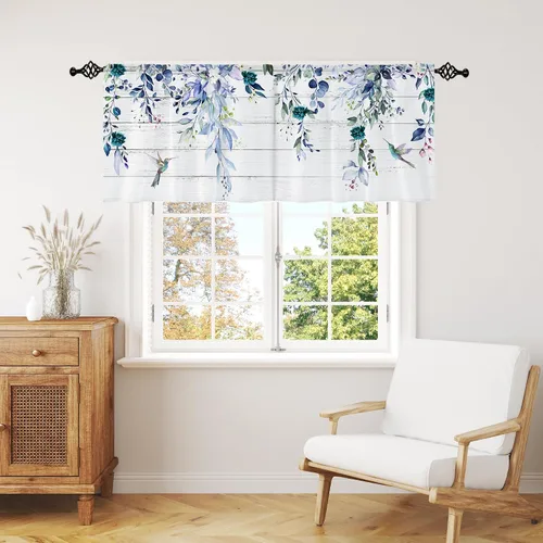 Vista 19 de Cortina de eucalipto negro y gris, cenefa para tratamiento de ventana, estilo bohemio, rústico, floral, bolsillo para barra, cortinas de ventana