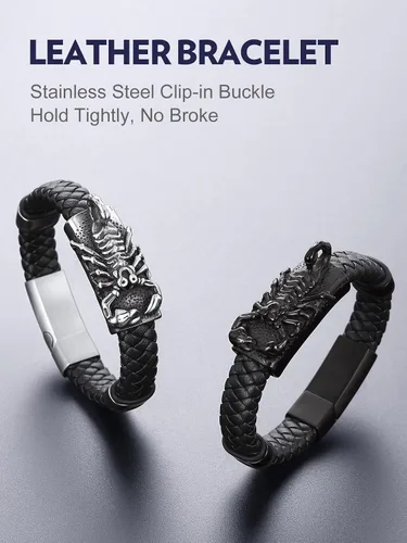 Vista 9 de Bandmax Pulsera trenzada de cuero negro para hombre con colgante gótico punk, pulsera de cuero con hebilla de acero inoxidable, paquete de regalo