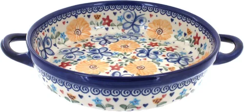 Vista 5 de Blue Rose Polish Pottery - Horno redondo pequeño Ashley naranja con asas, 9 pulgadas de diámetro, único, apto para lavavajillas y duradero