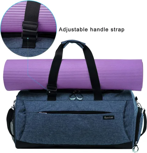 Vista 7 de Kuston Bolsa de gimnasio deportiva con compartimento para zapatos y bolsillo húmedo, bolsa de lona para gimnasio para hombres y mujeres, Azul
