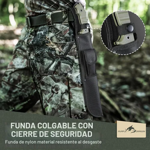 Vista 6 de Purple Dragon Machete de espiga completa de acero D2 con sierra y funda