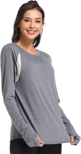 Vista 2 de Muzniuer Camisetas de entrenamiento de manga larga para mujer, camisetas lisas de manga larga para yoga, gimnasio, deportes, con agujero