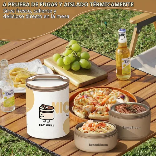 Vista 3 de Bento Box - Lonchera redonda apilable para mujeres (15.2 fl oz y 20.3 fl oz) con bolsa de transporte aislada, insertos extraíbles de acero
