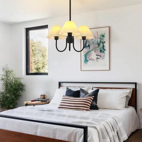 Vista 6 de KCO Lighting Lámpara Colgante Plisada Vintage de 3 Luces Araña de Techo con Pantallas de Lámpara Pequeña Araña de Tela Negra y Blanca para Sala