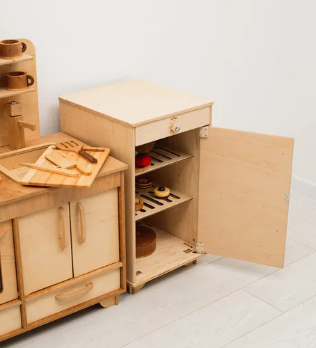 Vista 8 de Refrigerador de juguete de madera para niños pequeños, juguetes Montessori para niños, regalo para decoración de sala de juegos de 2º y 3º Nogal