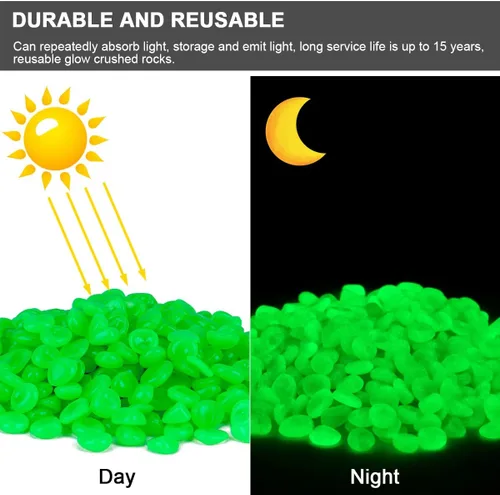 Vista 3 de 300 piedras decorativas que brillan en la oscuridad, piedras de jardín, piedras luminosas, rocas que brillan con luz y energía solar para decoración