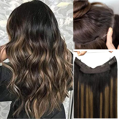 Vista 6 de Extensiones de cabello con alambre negro, extensiones de cabello balayage, extensiones de cabello con alambre de cabello humano, 14 pulgadas 70 g