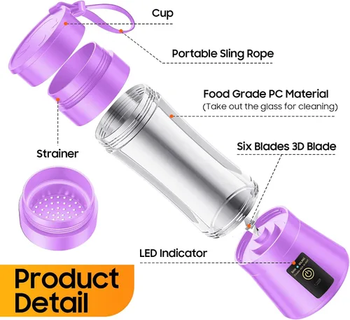 Vista 8 de Mini licuadora portátil personal de 12 oz - Licuadora de tamaño pequeño Púrpura