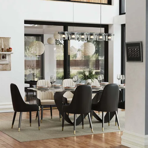 Vista 7 de POVISON Hobart - Mesa de comedor moderna de 71 pulgadas para 6, mesa de comedor negra de piedra sinterizada con pedestal de acero al carbono