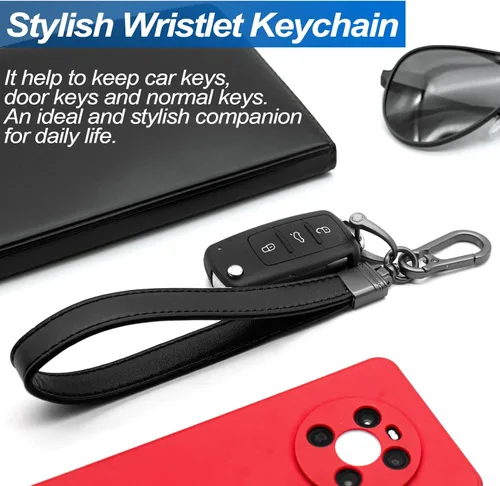 Vista 2 de Llavero de cuero genuino para hombre y mujer, giratorio de 360 grados, con anillo en D antipérdida, clip de mosquetón y 4 llaveros, oscuro y negro