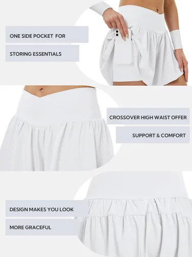 Vista 5 de Pantalones cortos deportivos para mujer, cintura alta, cruzado, 2 en 1, con bolsillo lateral, para entrenamiento, con diseño de mariposa