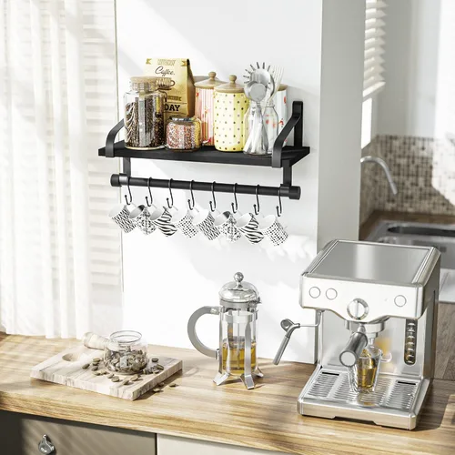 Vista 2 de Love-KANKEI Estantería flotante de pared de madera rústica para almacenamiento, estante de especias de cocina con barra para toallas y 8 ganchos