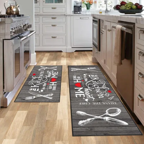 Vista 18 de JWXCBIM Juego de 2 alfombras de cocina con diseño de gato, decoración de estilo granja campestre, tapete de piso de cocina, alfombra antideslizante