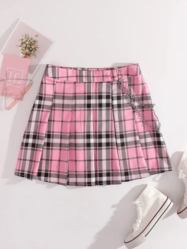 Vista 5 de SheIn Minifalda plisada de cintura alta para mujer, con cadena a cuadros, uniforme escolar