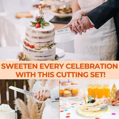 Vista 7 de Juego de 4 piezas para cortar pasteles para boda, con 2 cuchillos y 2 servidores, mango de madera y cortador de pastel de acero inoxidable